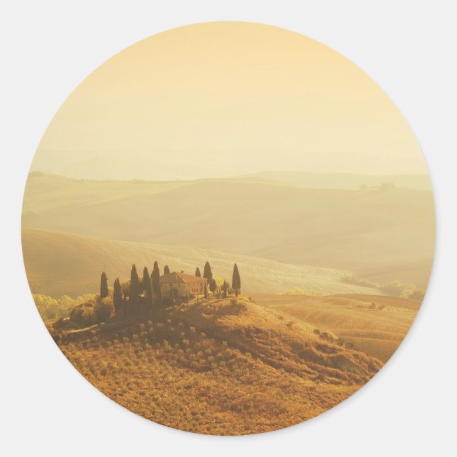 Sunrise over Tuscany round sticker (Front)