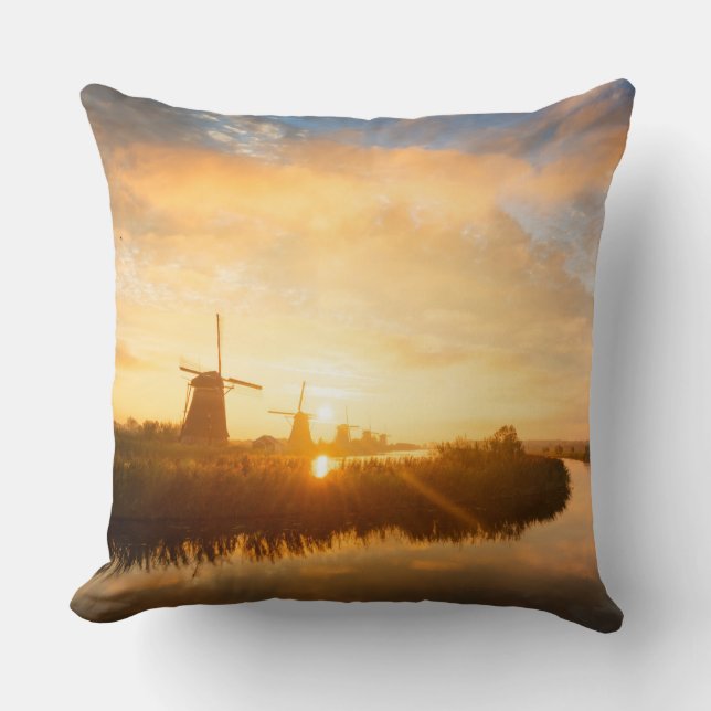 Sunrise over windmills and a river in Holland Cushion (Front)