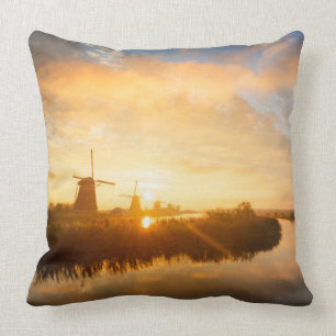 Sunrise over windmills and a river in Holland Cushion