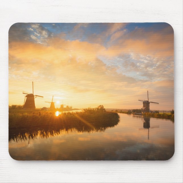 Sunrise over windmills and a river in Holland Mouse Mat (Front)