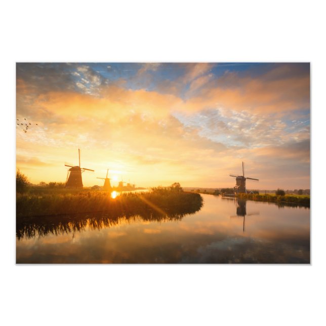 Sunrise over windmills and a river in Holland Photo Print (Front)