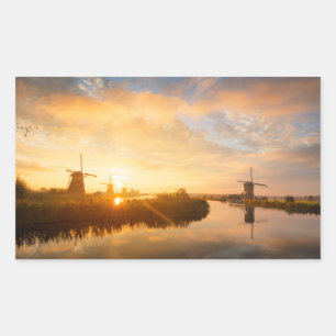 Sunrise over windmills and a river in Holland Rectangular Sticker