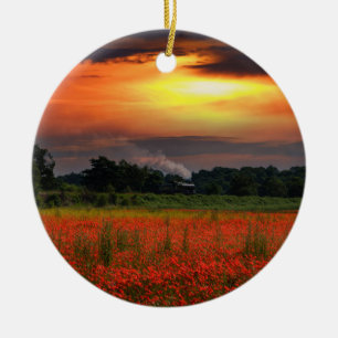 Sunrise Poppy Field And Steam Locomotive Ceramic Tree Decoration