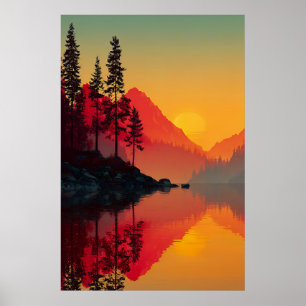 Sunrise Reflection Alpine Lake Mountain Silhouette Poster