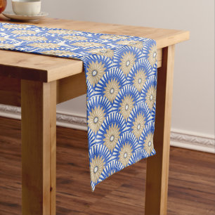 Sunrise retro flower - blue, white & brown long table runner