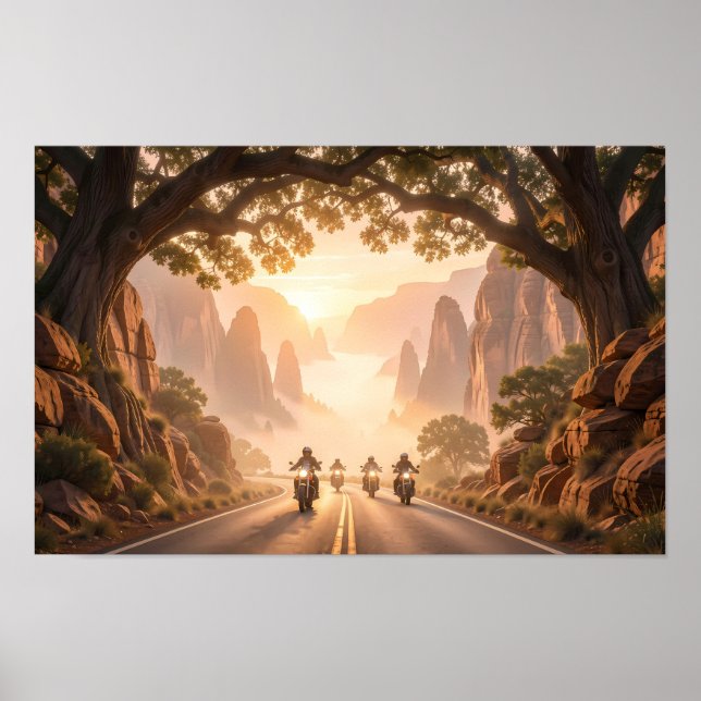 Sunrise Riders Through Canyon Calm Poster (Front)