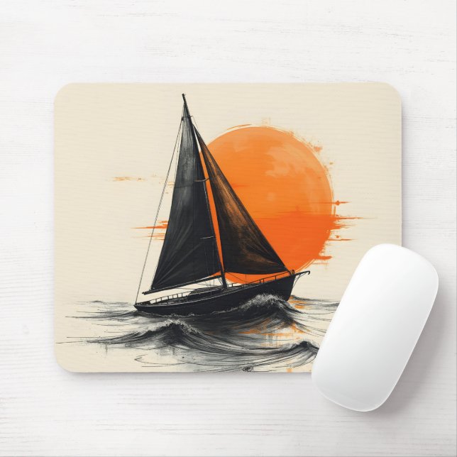 Sunrise Sailboat Silhouette Sketch Mouse Mat (With Mouse)