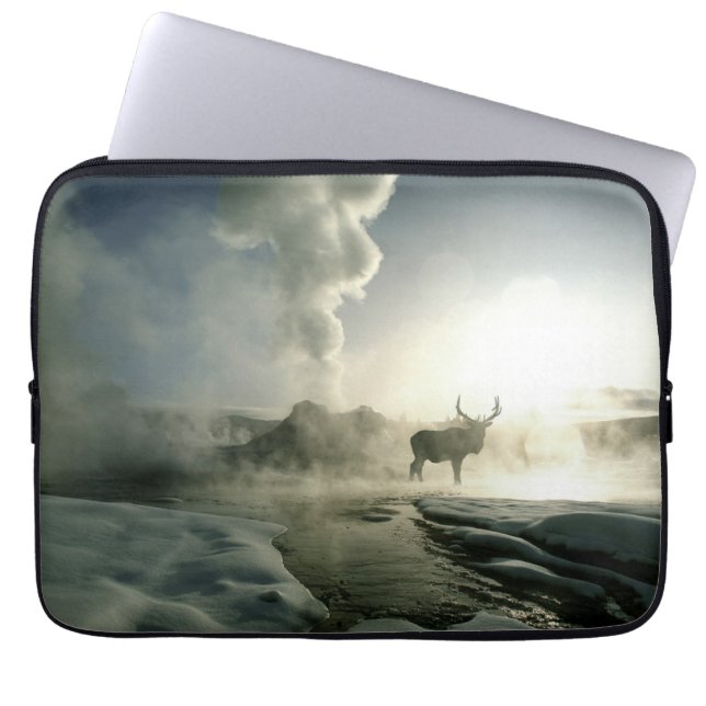 Sunrise Silhouette of Elk at Castle Geyser Laptop Sleeve (Front)