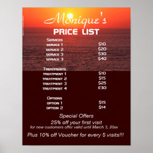 Sunrise spa and salon price list poster