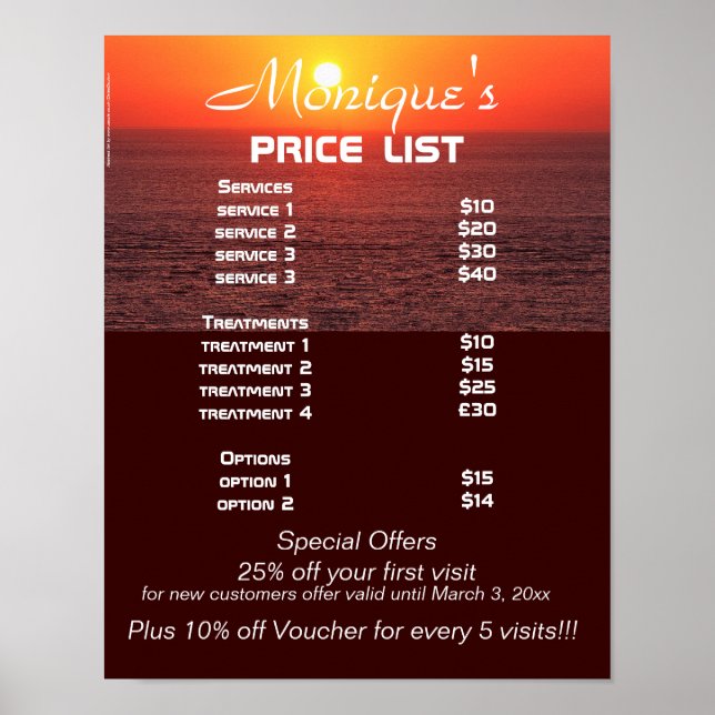 Sunrise spa and salon price list poster (Front)
