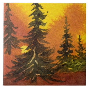 Sunrise sunset pines in the red yellow mist tile