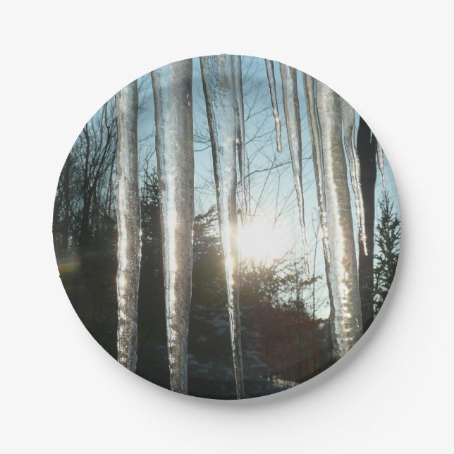 Sunrise Through Icicles Winter Nature Photography Paper Plate (Front)