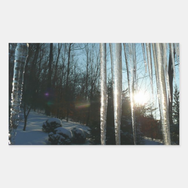 Sunrise Through Icicles Winter Nature Photography Rectangular Sticker (Front)