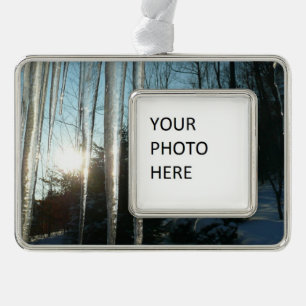 Sunrise Through Icicles Winter Nature Photography Silver Plated Framed Ornament