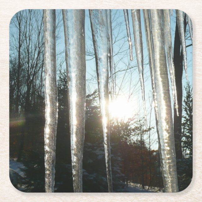 Sunrise Through Icicles Winter Nature Photography Square Paper Coaster (Front)