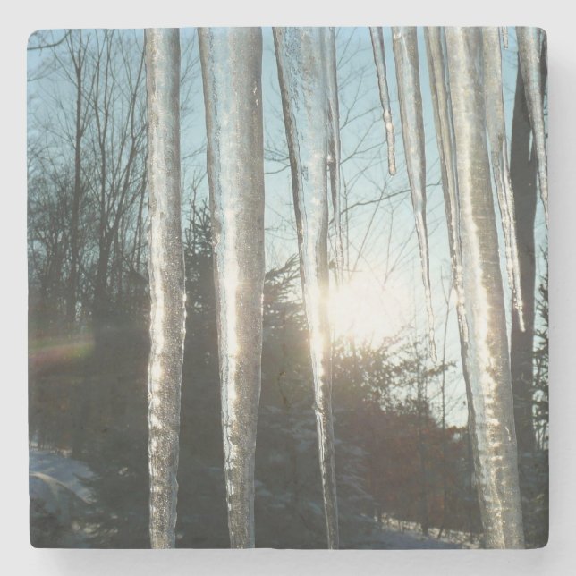 Sunrise Through Icicles Winter Nature Photography Stone Coaster (Front)