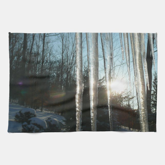 Sunrise Through Icicles Winter Nature Photography Tea Towel (Horizontal)
