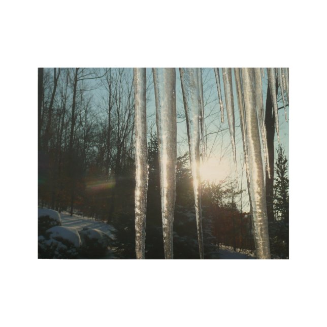Sunrise Through Icicles Winter Nature Photography Wood Poster (Front)