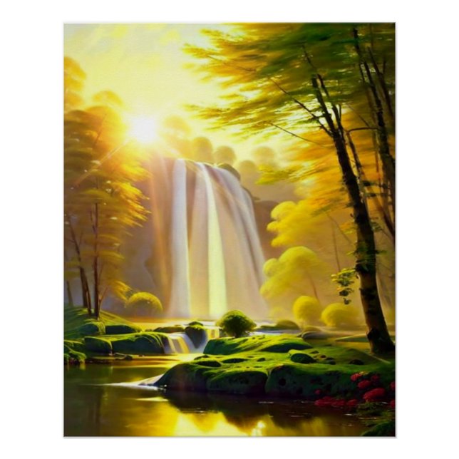 Sunrise Waterfall Trees River. Beautiful Landscape Poster (Front)