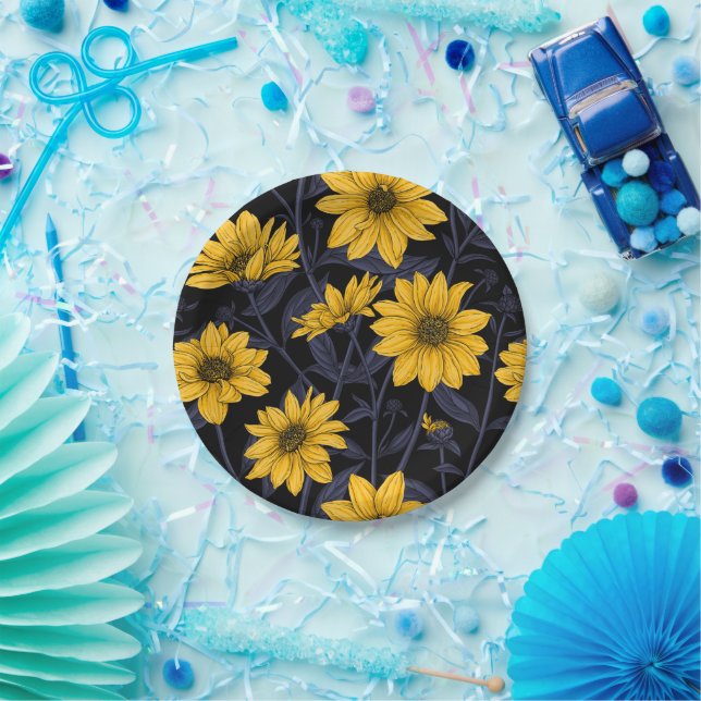 Sunroot, wild sunflower in yellow and blue paper plate (Party)