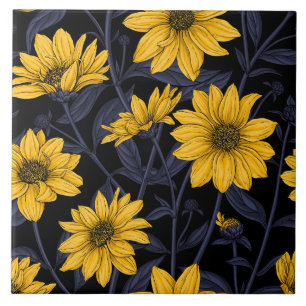 Sunroot, wild sunflower in yellow and blue tile