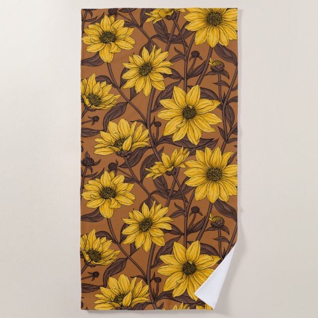 Sunroot, wild sunflower in yellow and  brown beach towel (Front)