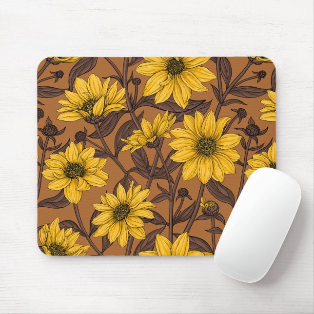 Sunroot, wild sunflower in yellow and  brown mouse mat (With Mouse)
