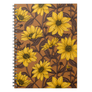 Sunroot, wild sunflower in yellow and  brown notebook