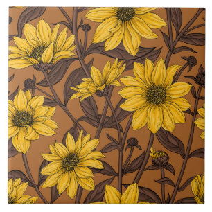 Sunroot, wild sunflower in yellow and  brown tile