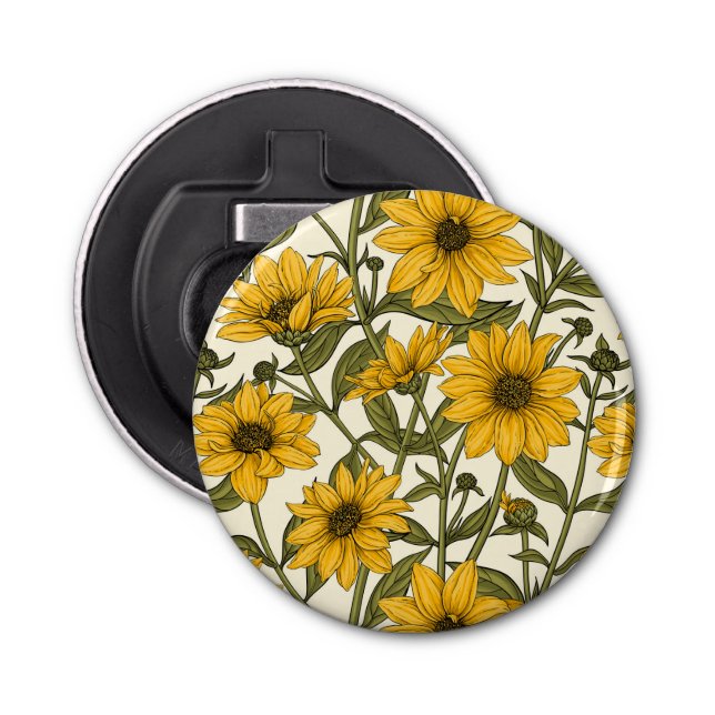 Sunroot, wild sunflower on off white bottle opener (Front)