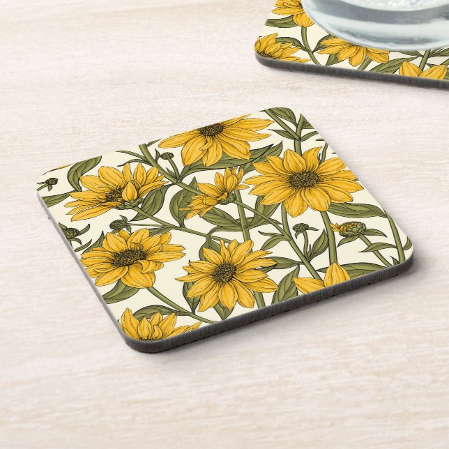Sunroot, wild sunflower on off white coaster (Left Side)