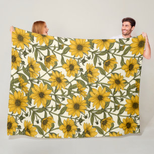 Sunroot, wild sunflower on off white fleece blanket