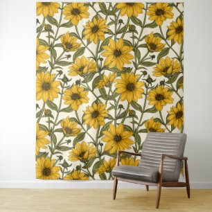 Sunroot, wild sunflower on off white tapestry