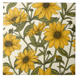Sunroot, wild sunflower on off white tile