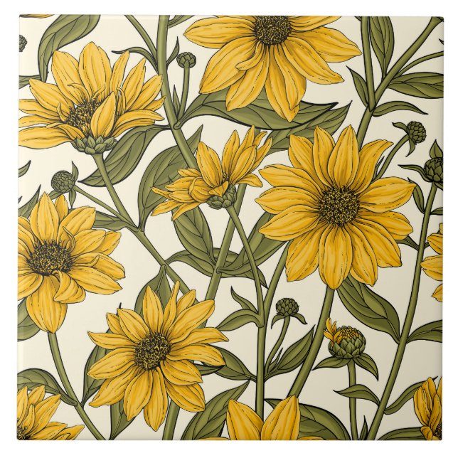 Sunroot, wild sunflower on off white tile (Front)