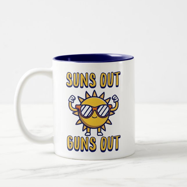 Suns out guns out! Cute punny sun cartoon Two-Tone Coffee Mug (Left)