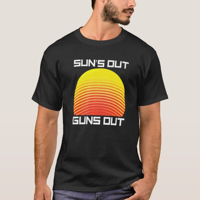 Sun's Out Guns Out Muscle Sunset 4th of July Summe T-Shirt (Front)