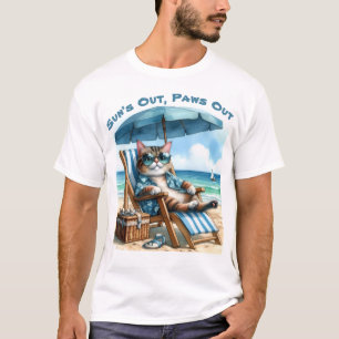 Suns Out Paws Out Cat Beach Chair Blue Umbrella  T-Shirt