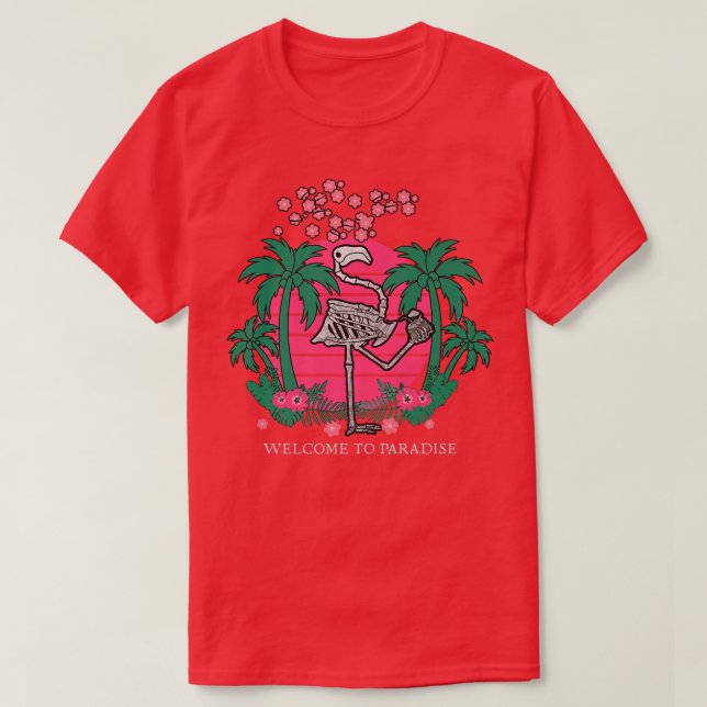 Sunset 90s Vaporwave Kanji Skeleton Flamingo Parad T-Shirt (Design Front)
