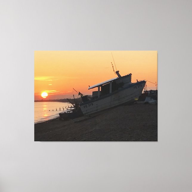 Sunset Across Hythe Bay Kent with Fishing Boat Canvas Print (Front)