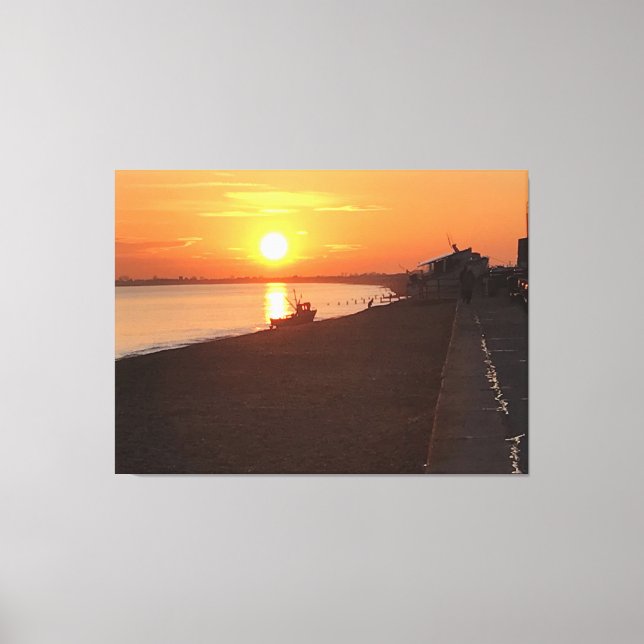 Sunset Across Hythe Bay Kent with Fishing Boats Canvas Print (Front)