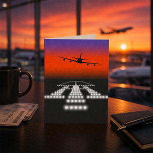 Sunset Aeroplane Approach Runway Lights Aviation  Card