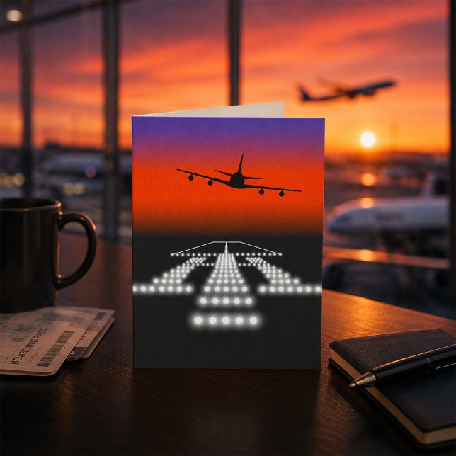 Sunset Aeroplane Approach Runway Lights Aviation  Card (Creator Uploaded)
