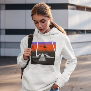 Sunset Aeroplane Approach Runway Lights Aviation Hoodie