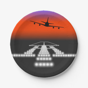 Sunset Aeroplane Approach Runway Lights Aviation  Paper Plate