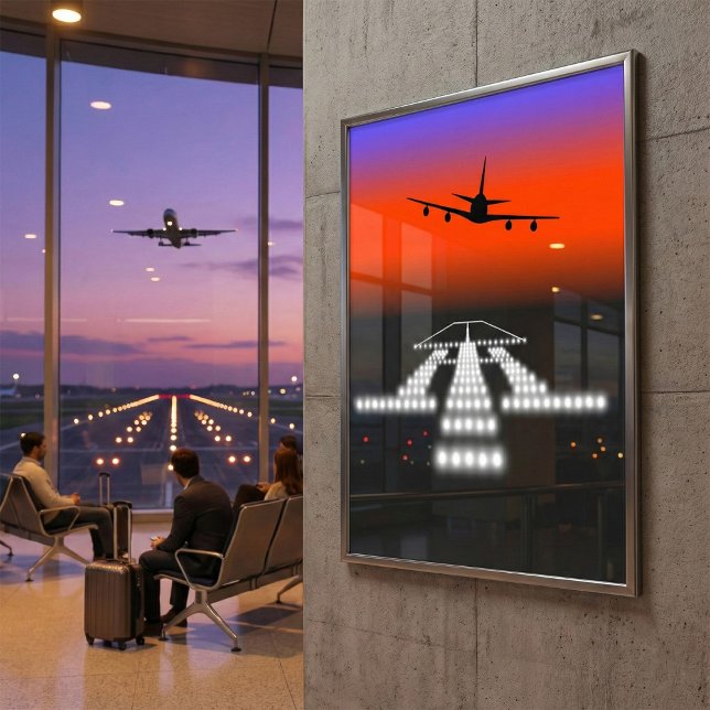 Sunset Aeroplane Approach Runway Lights Aviation  Poster (Creator Uploaded)