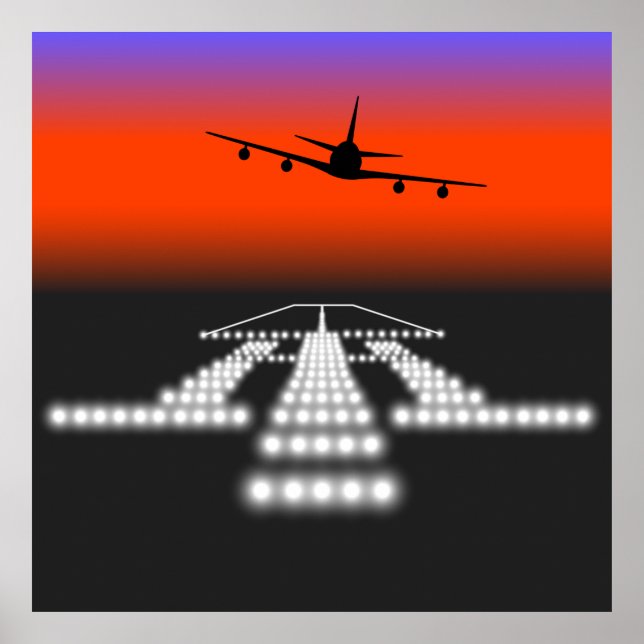 Sunset Aeroplane Approach Runway Lights Aviation  Poster (Front)