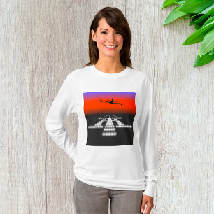 Sunset Aeroplane Approach Runway Lights Aviation T-Shirt