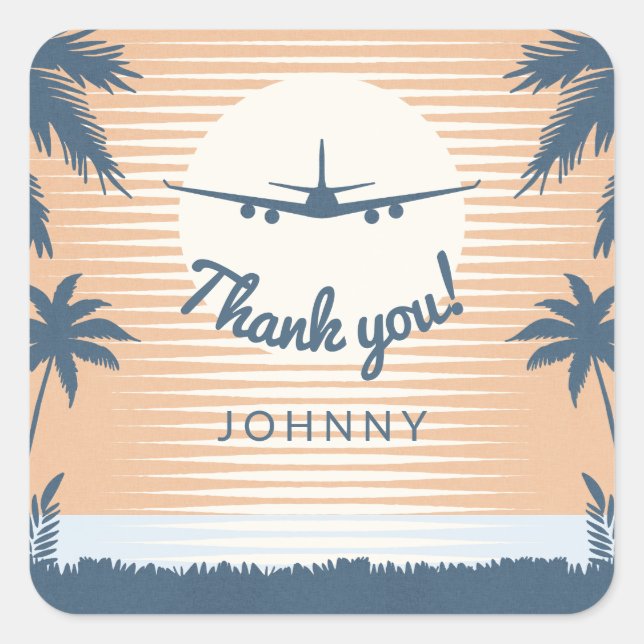 sunset aeroplane thank you square sticker (Front)