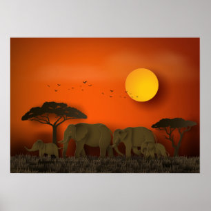 Sunset African savanna Elephants Poster
